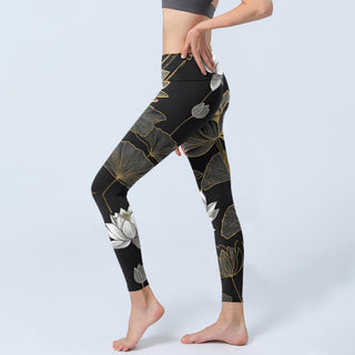 Buddha Gift White Golden Lotus Leaves Print Gym Leggings Women's Yoga Pants