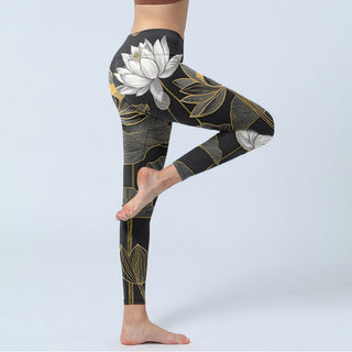 Buddha Gift White Golden Lotus Leaves Print Gym Leggings Women's Yoga Pants