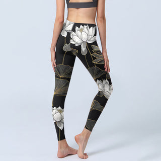 Buddha Gift White Golden Lotus Leaves Print Gym Leggings Women's Yoga Pants