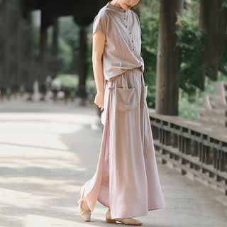 Buddha Gift 2Pcs Buttons Shirt Top Skirt With Pockets Meditation Cotton Clothing Women's Set