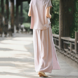 Buddha Gift 2Pcs Buttons Shirt Top Skirt With Pockets Meditation Cotton Clothing Women's Set