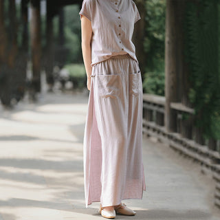 Buddha Gift 2Pcs Buttons Shirt Top Skirt With Pockets Meditation Cotton Clothing Women's Set