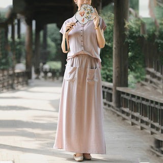 Buddha Gift 2Pcs Buttons Shirt Top Skirt With Pockets Meditation Cotton Clothing Women's Set