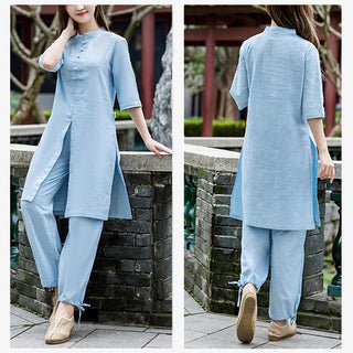 Buddha Gift 2Pcs Half Sleeve Shirt Top Pants Meditation Zen Tai Chi Linen Clothing Women's Set