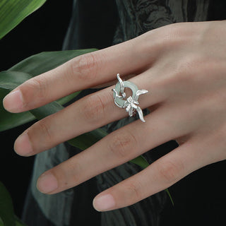 Buddha Gift 925 Sterling Silver Iris Design Peace Buckle Quartzite Jade Balance Ring