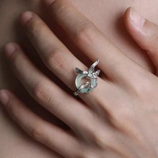 Buddha Gift 925 Sterling Silver Iris Design Peace Buckle Quartzite Jade Balance Ring