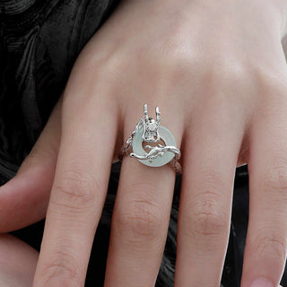 Buddha Gift 925 Sterling Silver Dragon Peace Buckle Quartzite Jade Balance Ring