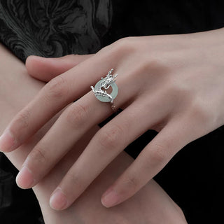 Buddha Gift 925 Sterling Silver Dragon Peace Buckle Quartzite Jade Balance Ring