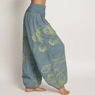 Buddha Gift Pure Cotton Golden Lotus Mandala Pattern Women's Elastic Waist Harem Pants