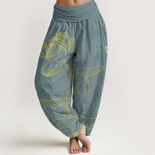 Buddha Gift Pure Cotton Golden Lotus Mandala Pattern Women's Elastic Waist Harem Pants