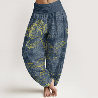 Buddha Gift Pure Cotton Golden Lotus Mandala Pattern Women's Elastic Waist Harem Pants
