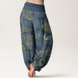 Buddha Gift Pure Cotton Golden Lotus Mandala Pattern Women's Elastic Waist Harem Pants