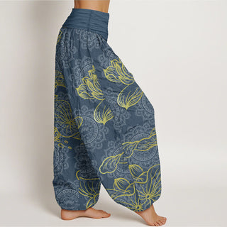 Buddha Gift Pure Cotton Golden Lotus Mandala Pattern Women's Elastic Waist Harem Pants