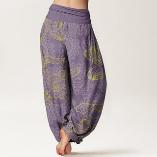 Buddha Gift Pure Cotton Golden Lotus Mandala Pattern Women's Elastic Waist Harem Pants