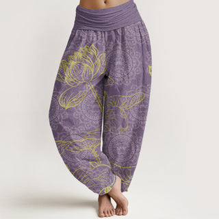 Buddha Gift Pure Cotton Golden Lotus Mandala Pattern Women's Elastic Waist Harem Pants