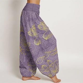Buddha Gift Pure Cotton Golden Lotus Mandala Pattern Women's Elastic Waist Harem Pants