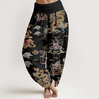 Buddha Gift Pure Cotton Golden Dragons Auspicious Clouds Design Women's Elastic Waist Harem Pants