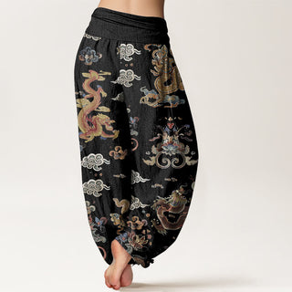 Buddha Gift Pure Cotton Golden Dragons Auspicious Clouds Design Women's Elastic Waist Harem Pants