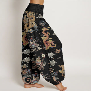 Buddha Gift Pure Cotton Golden Dragons Auspicious Clouds Design Women's Elastic Waist Harem Pants
