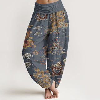 Buddha Gift Pure Cotton Golden Dragons Auspicious Clouds Design Women's Elastic Waist Harem Pants