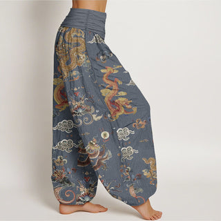 Buddha Gift Pure Cotton Golden Dragons Auspicious Clouds Design Women's Elastic Waist Harem Pants