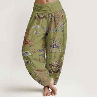 Buddha Gift Pure Cotton Golden Dragons Auspicious Clouds Design Women's Elastic Waist Harem Pants
