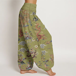 Buddha Gift Pure Cotton Golden Dragons Auspicious Clouds Design Women's Elastic Waist Harem Pants