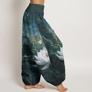Buddha Gift Pure Cotton Casual Lotus Starry Sky Clouds Pattern Women's Elastic Waist Harem Pants