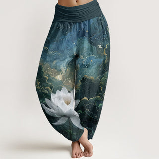 Buddha Gift Pure Cotton Casual Lotus Starry Sky Clouds Pattern Women's Elastic Waist Harem Pants