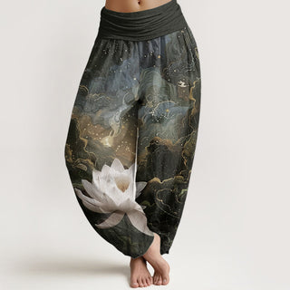 Buddha Gift Pure Cotton Casual Lotus Starry Sky Clouds Pattern Women's Elastic Waist Harem Pants