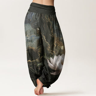 Buddha Gift Pure Cotton Casual Lotus Starry Sky Clouds Pattern Women's Elastic Waist Harem Pants