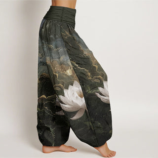 Buddha Gift Pure Cotton Casual Lotus Starry Sky Clouds Pattern Women's Elastic Waist Harem Pants