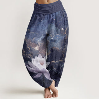 Buddha Gift Pure Cotton Casual Lotus Starry Sky Clouds Pattern Women's Elastic Waist Harem Pants
