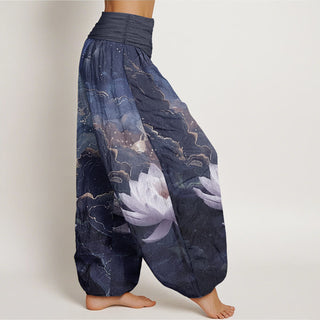 Buddha Gift Pure Cotton Casual Lotus Starry Sky Clouds Pattern Women's Elastic Waist Harem Pants