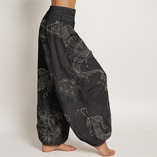 Buddha Gift Pure Cotton Koi Fish Floral Pattern Women's Elastic Waist Harem Pants