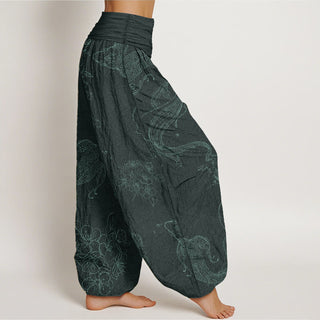 Buddha Gift Pure Cotton Koi Fish Floral Pattern Women's Elastic Waist Harem Pants