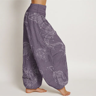 Buddha Gift Pure Cotton Koi Fish Floral Pattern Women's Elastic Waist Harem Pants