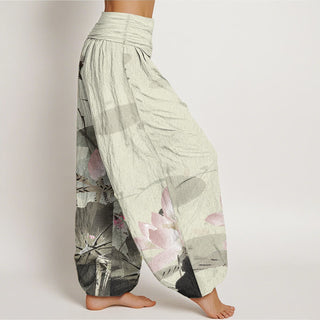 Buddha Gift Pure Cotton Pink Lotus Leaves Bird Pattern Women's Elastic Waist Harem Pants