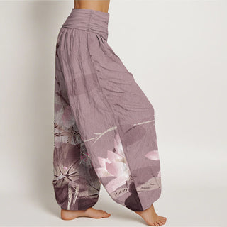 Buddha Gift Pure Cotton Pink Lotus Leaves Bird Pattern Women's Elastic Waist Harem Pants