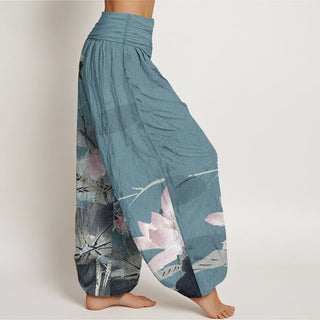 Buddha Gift Pure Cotton Pink Lotus Leaves Bird Pattern Women's Elastic Waist Harem Pants