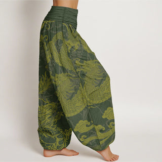 Buddha Gift Pure Cotton Dragon Auspicious Clouds Women's Elastic Waist Harem Pants