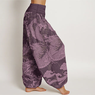 Buddha Gift Pure Cotton Dragon Auspicious Clouds Women's Elastic Waist Harem Pants