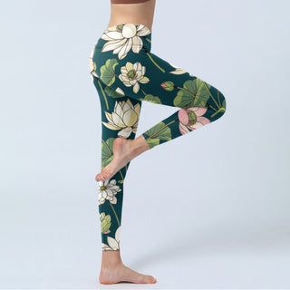 Buddha Gift Beige Pink Lotus Flowers Leaves Print Gym Leggings Women's Yoga Pants