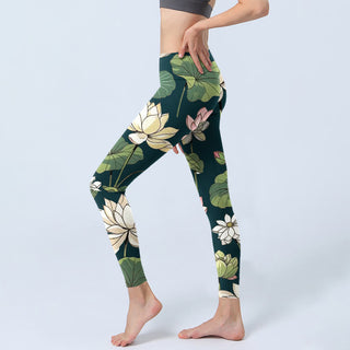 Buddha Gift Beige Pink Lotus Flowers Leaves Print Gym Leggings Women's Yoga Pants