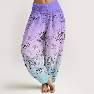 Buddha Gift OM Symbol Lotus Meditating Figure Infinity Pattern Women's Elastic Waist Harem Pants