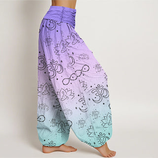 Buddha Gift OM Symbol Lotus Meditating Figure Infinity Pattern Women's Elastic Waist Harem Pants