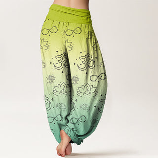 Buddha Gift OM Symbol Lotus Meditating Figure Infinity Pattern Women's Elastic Waist Harem Pants