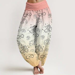 Buddha Gift OM Symbol Lotus Meditating Figure Infinity Pattern Women's Elastic Waist Harem Pants