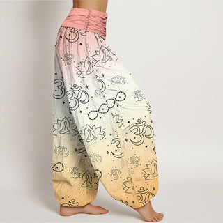 Buddha Gift OM Symbol Lotus Meditating Figure Infinity Pattern Women's Elastic Waist Harem Pants