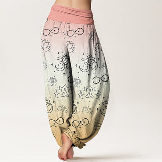 Buddha Gift OM Symbol Lotus Meditating Figure Infinity Pattern Women's Elastic Waist Harem Pants